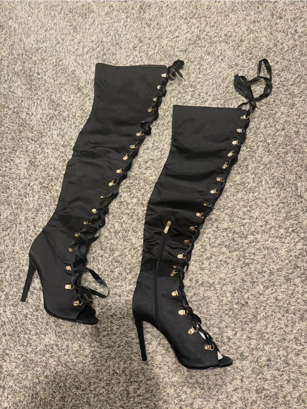Women's Black Lace-Up Over-the-Knee Stiletto Boots